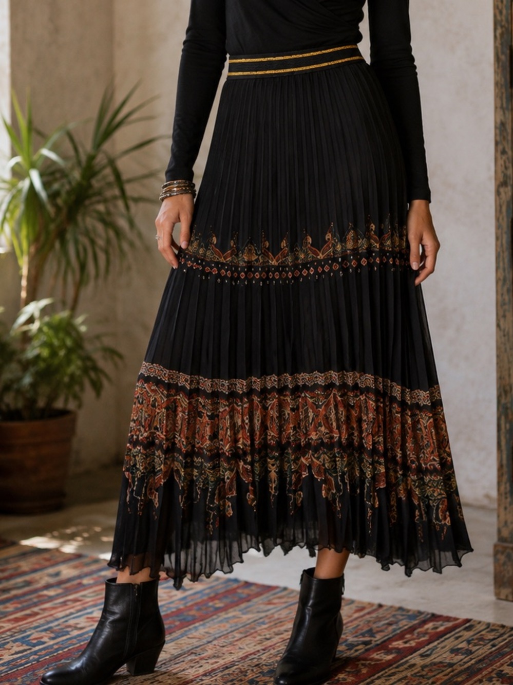Desigual Black Pleated Midi Skirt Gold Embroidered Boho Whimsy Gypsy Size S